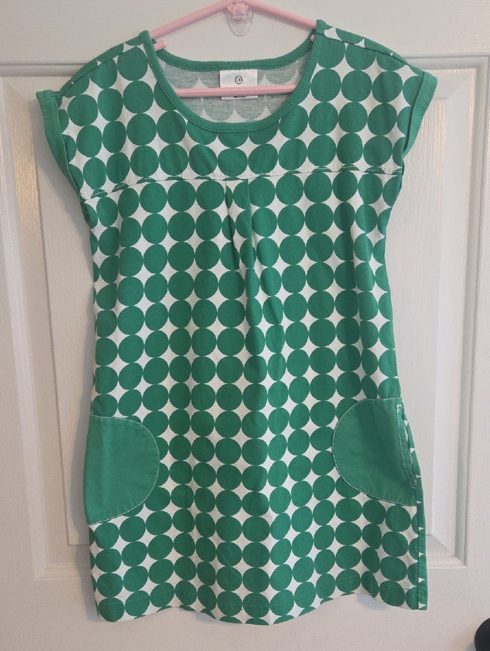 Hanna Andersson White Dress with Green Circle Print Sz 7/8 (130)